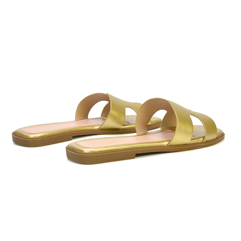 Leanna Cut Out Slip On Flat Sandals Sliders in Gold - Image 72