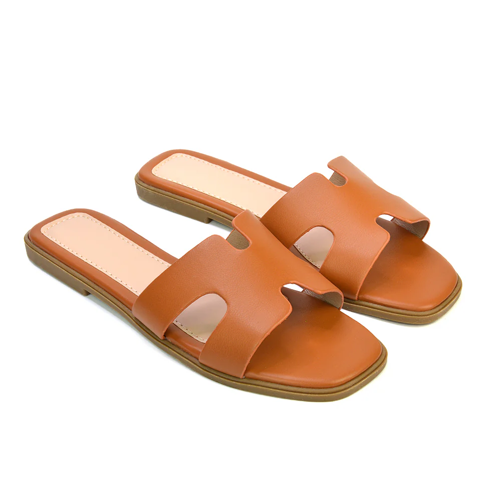 Leanna Cut Out Slip On Flat Sandals Sliders in Gold - Image 84
