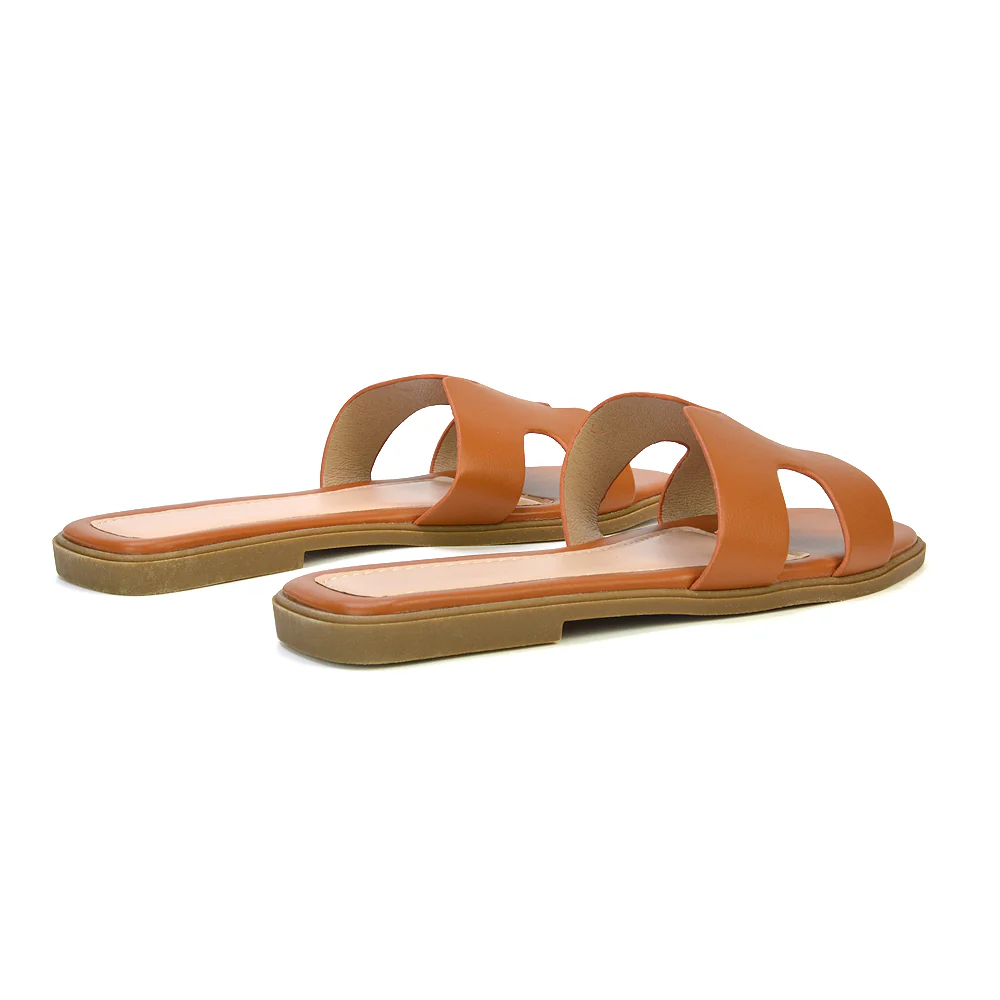 Leanna Cut Out Slip On Flat Sandals Sliders in Gold - Image 89