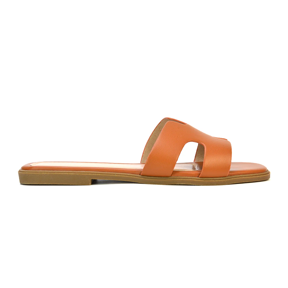 Leanna Cut Out Slip On Flat Sandals Sliders in Gold - Image 99