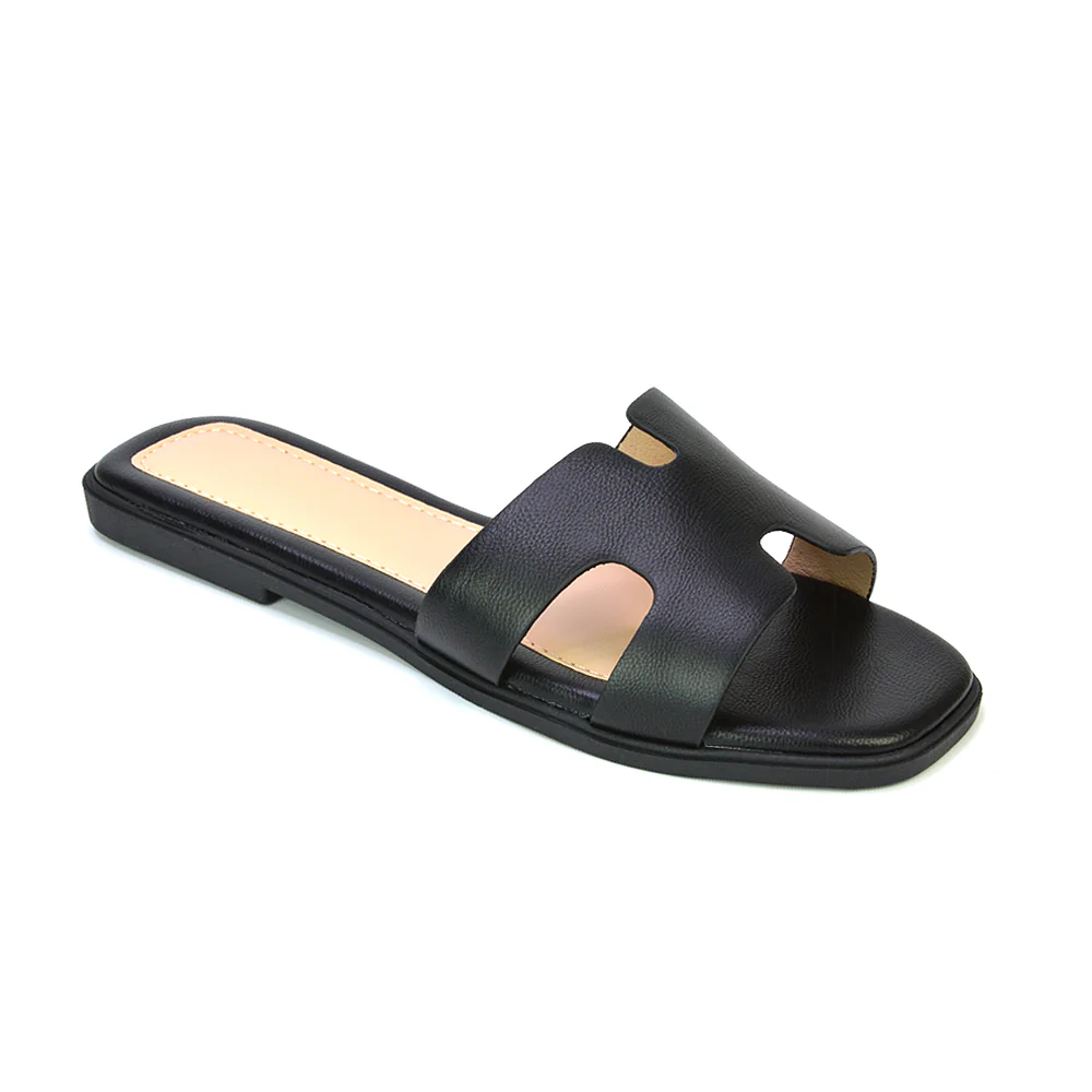 Leanna Cut Out Slip On Flat Sandals Sliders in White - Image 135