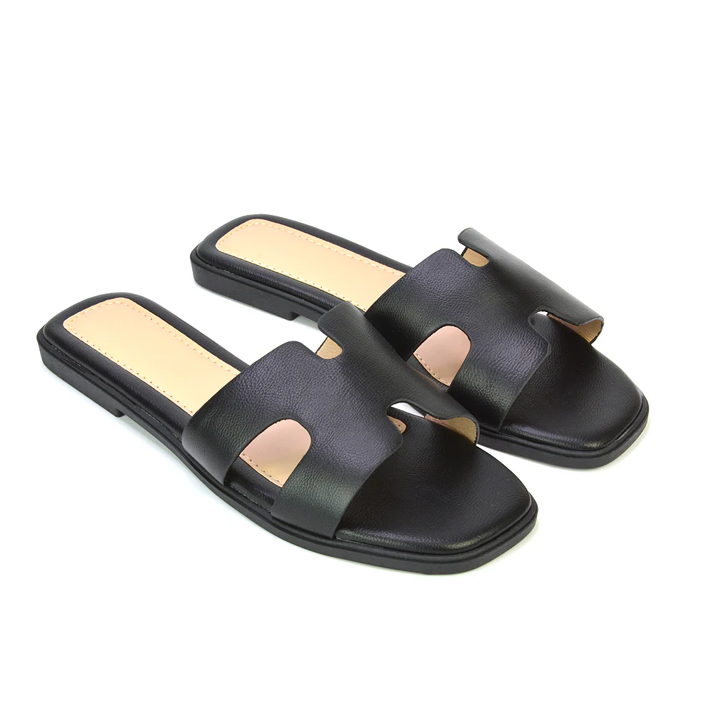 Leanna Cut Out Slip On Flat Sandals Sliders in White - Image 137