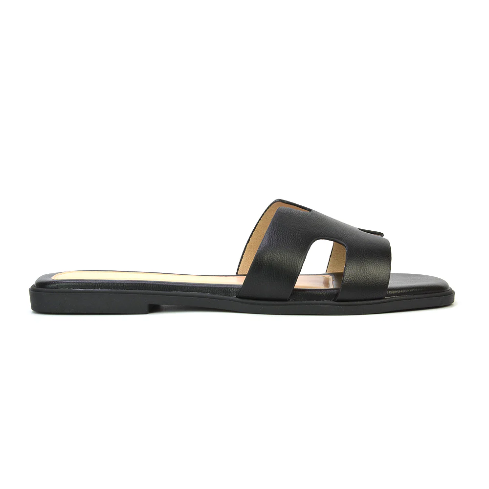 Leanna Cut Out Slip On Square Toe Flat Sandals Sliders in White Croc - Image 6