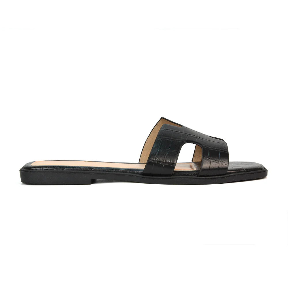 Leanna Cut Out Slip On Square Toe Flat Sandals Sliders in White Croc - Image 9