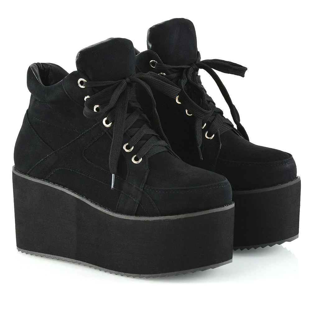 Leannes Lace up Chunky Cleated Sole Ankle Platform Boots in Black Synthetic Leather - Image 45