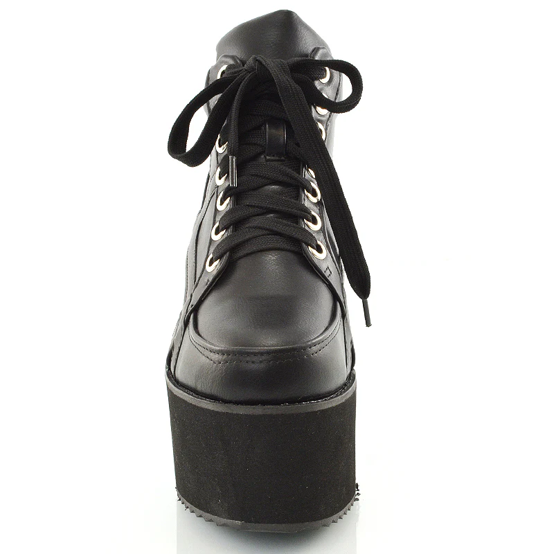 Leannes Lace up Chunky Cleated Sole Ankle Platform Boots in Black Synthetic Leather - Image 5
