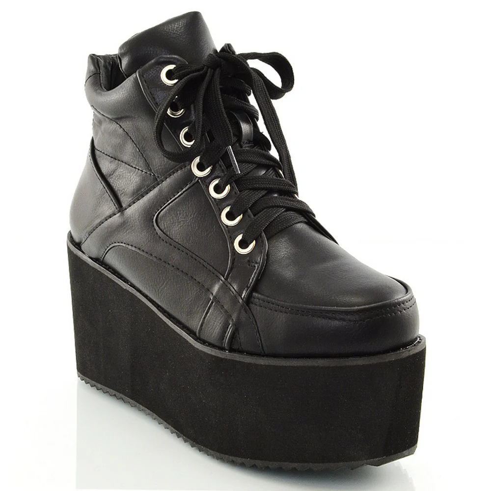 Leannes Lace up Chunky Cleated Sole Ankle Platform Boots in Black Synthetic Leather - Image 57
