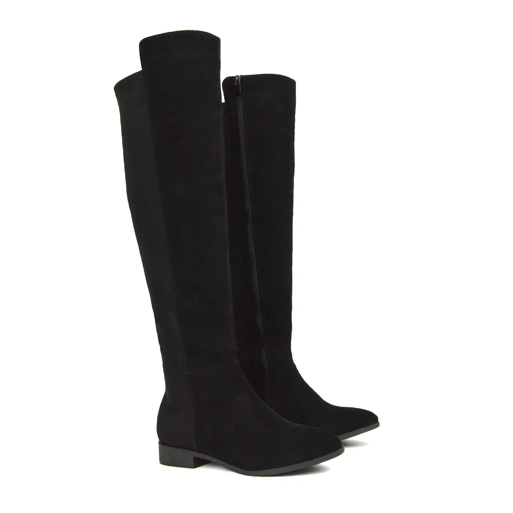 LEGS-ELEVEN FLAT ELASTICATED BACK PANELS OVER THE KNEE BOOTS IN BLACK FAUX SUEDE - Image 2
