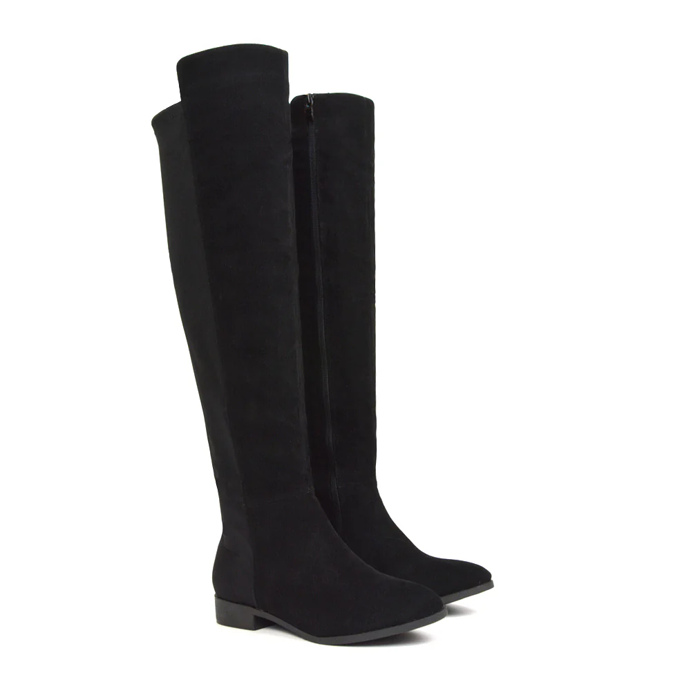 LEGS-ELEVEN FLAT ELASTICATED BACK PANELS OVER THE KNEE BOOTS IN BLACK FAUX SUEDE - Image 3