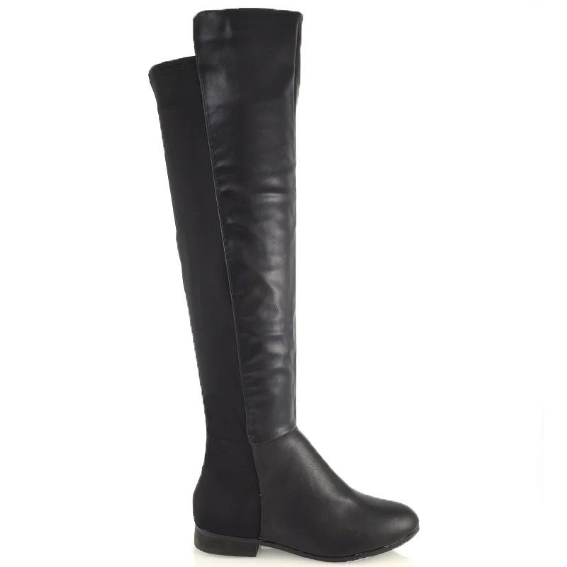 LEGS-ELEVEN FLAT ELASTICATED BACK PANELS OVER THE KNEE BOOTS IN BLACK PU - Image 2