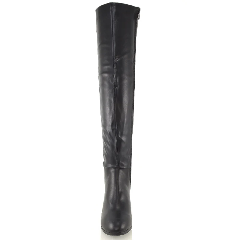 LEGS-ELEVEN FLAT ELASTICATED BACK PANELS OVER THE KNEE BOOTS IN BLACK PU - Image 4