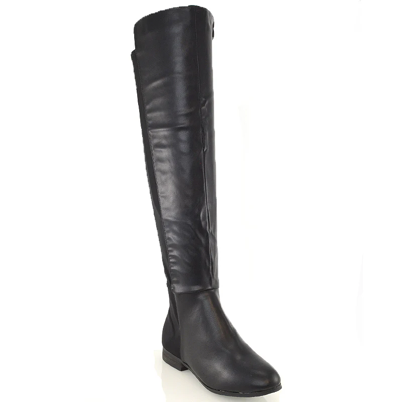 LEGS-ELEVEN FLAT ELASTICATED BACK PANELS OVER THE KNEE BOOTS IN BLACK PU - Image 8