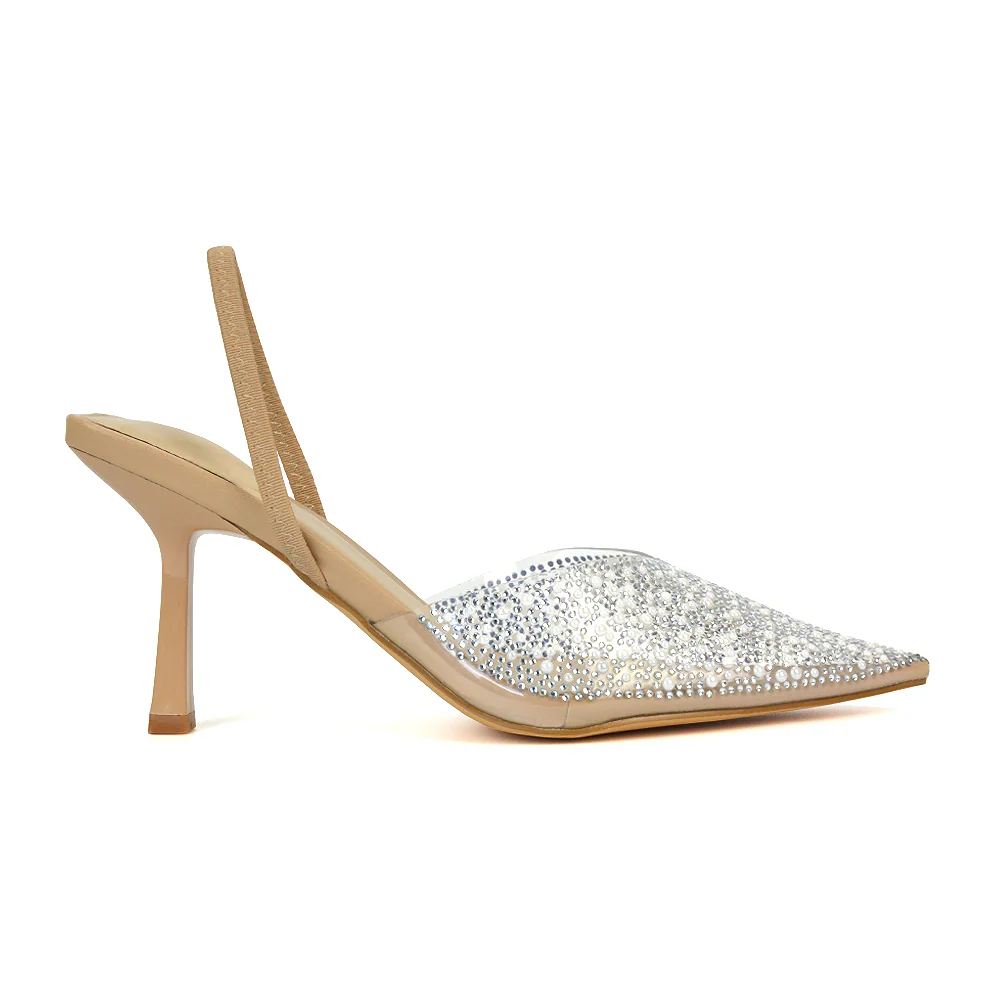 Leonie Stiletto Sparkly High Heel Rhinestone Sling Back Strappy Court Shoes in Black - Image 9