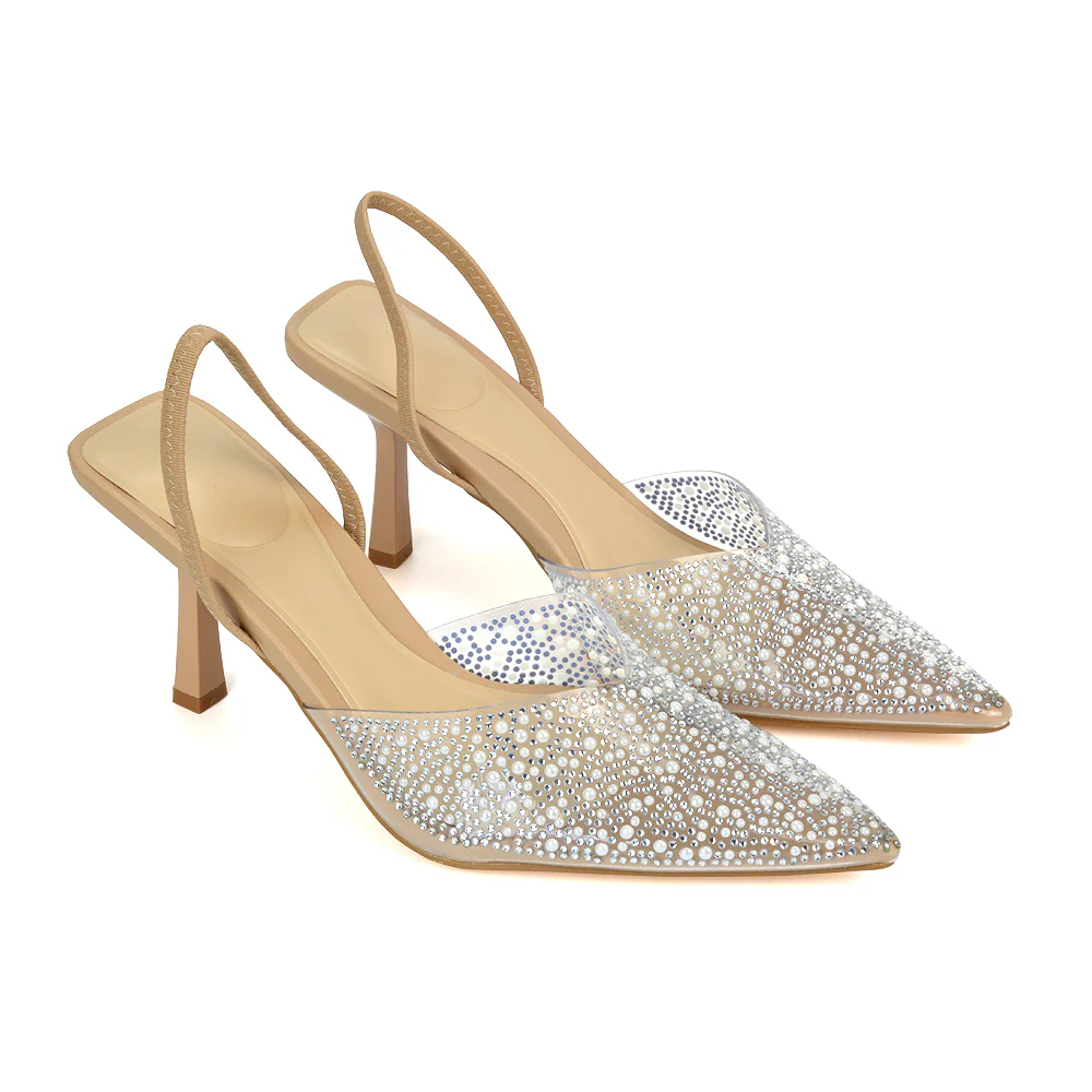 Leonie Stiletto Sparkly High Heel Rhinestone Sling Back Strappy Court Shoes in Nude - Image 2