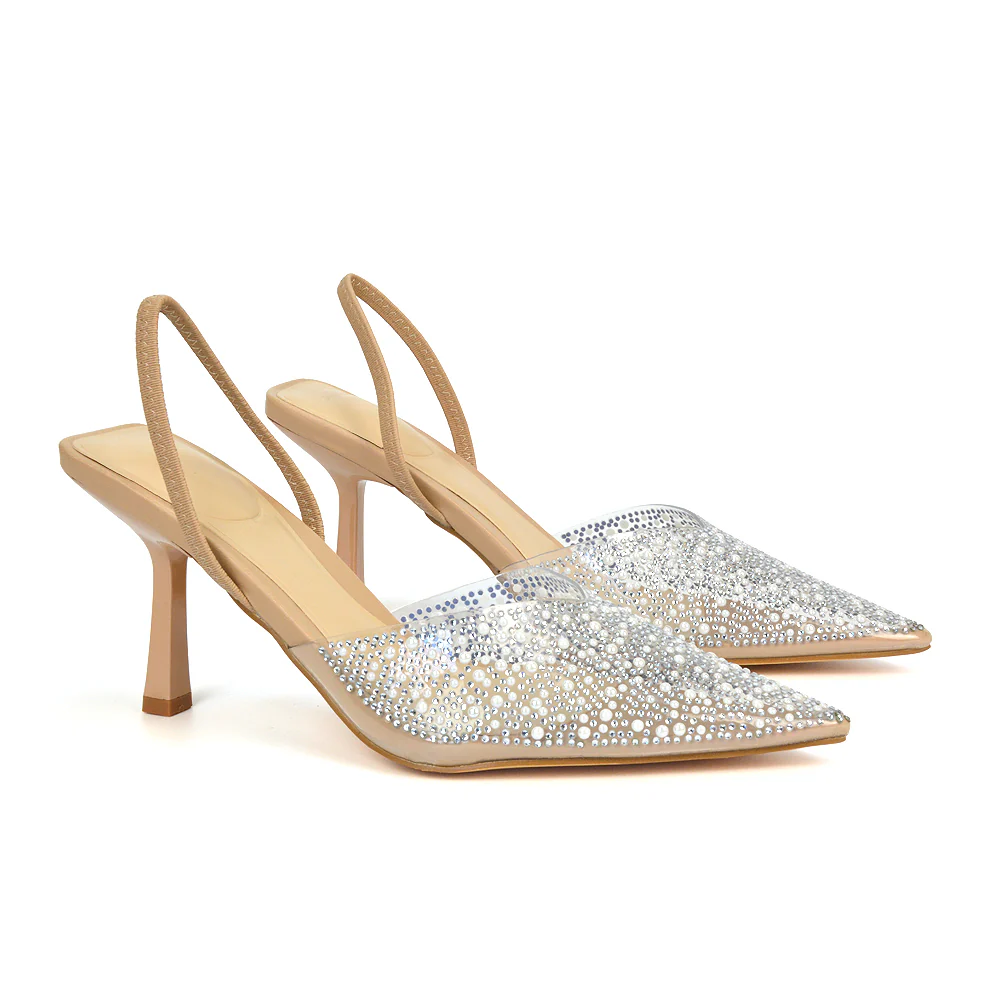 Leonie Stiletto Sparkly High Heel Rhinestone Sling Back Strappy Court Shoes in Nude - Image 5