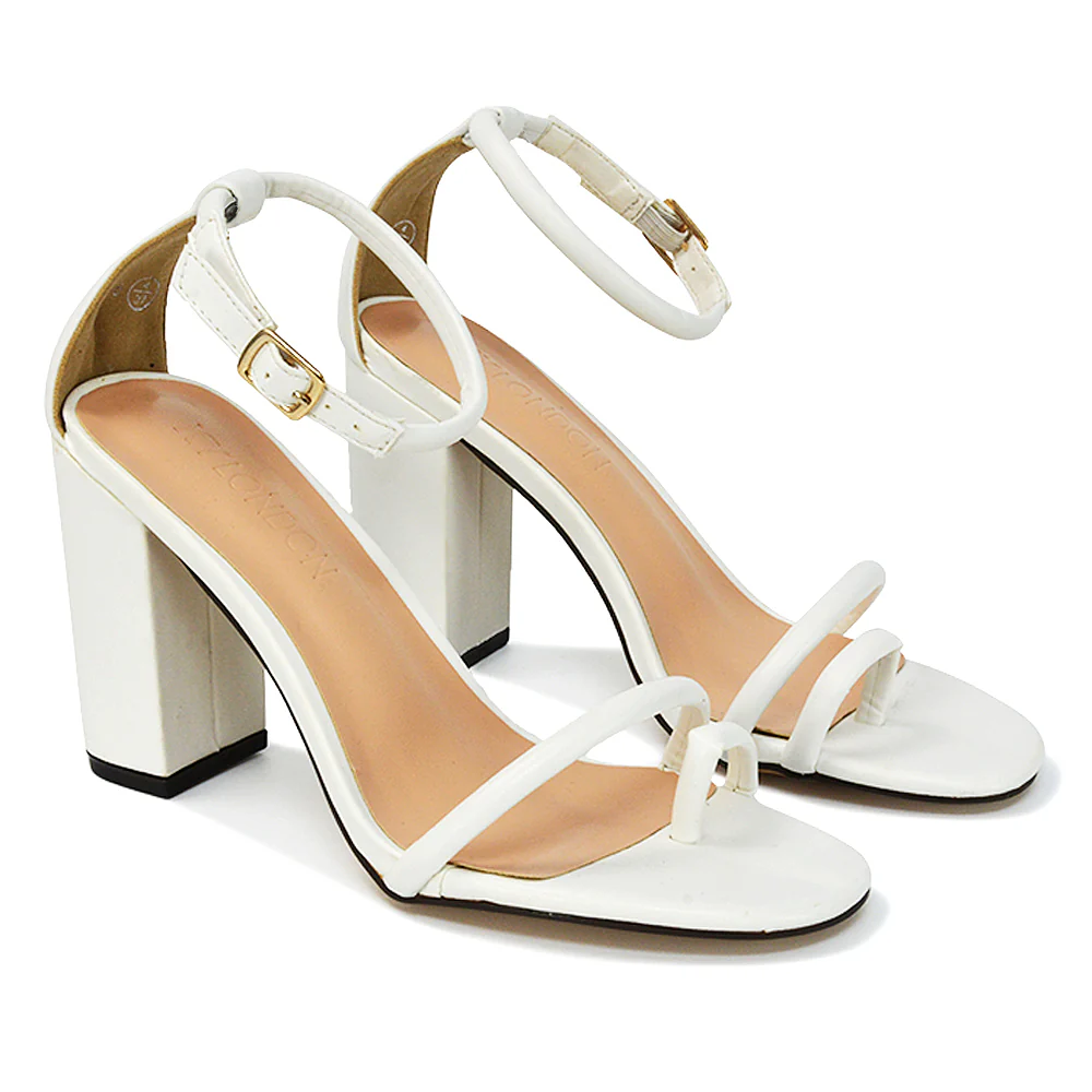 Liana Toe Loop Strappy Chunky Block High Heeled Sandals in Orange Faux Suede - Image 34