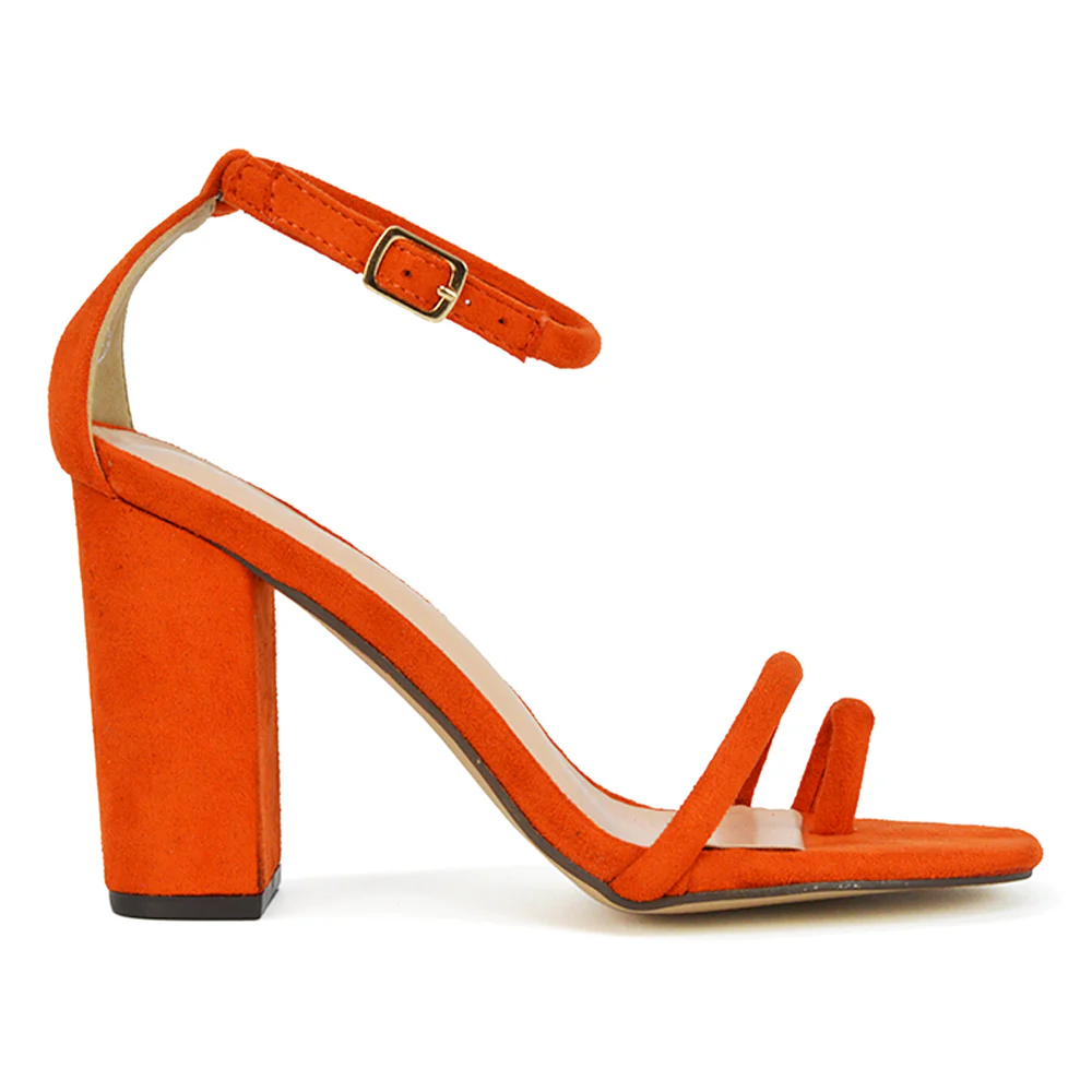 Liana Toe Loop Strappy Chunky Block High Heeled Sandals in Orange Faux Suede - Image 38