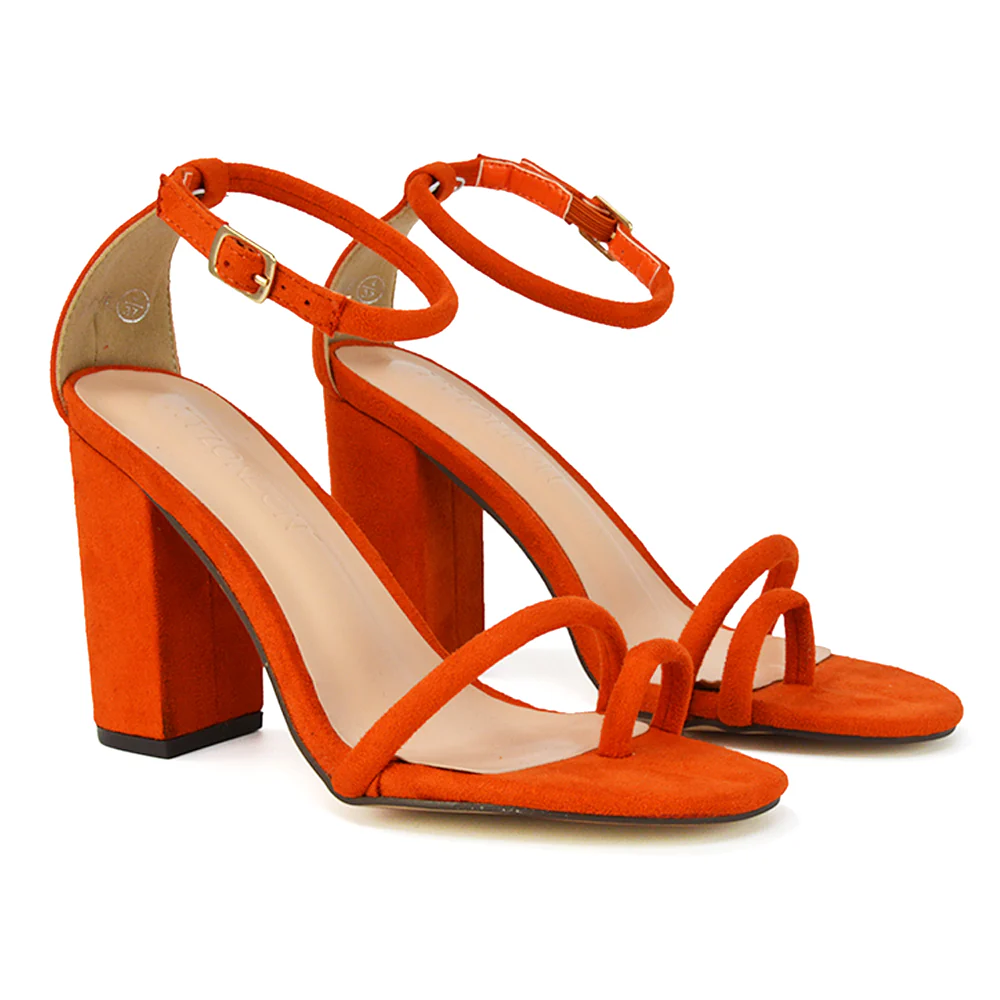 Liana Toe Loop Strappy Chunky Block High Heeled Sandals in Orange Faux Suede - Image 4