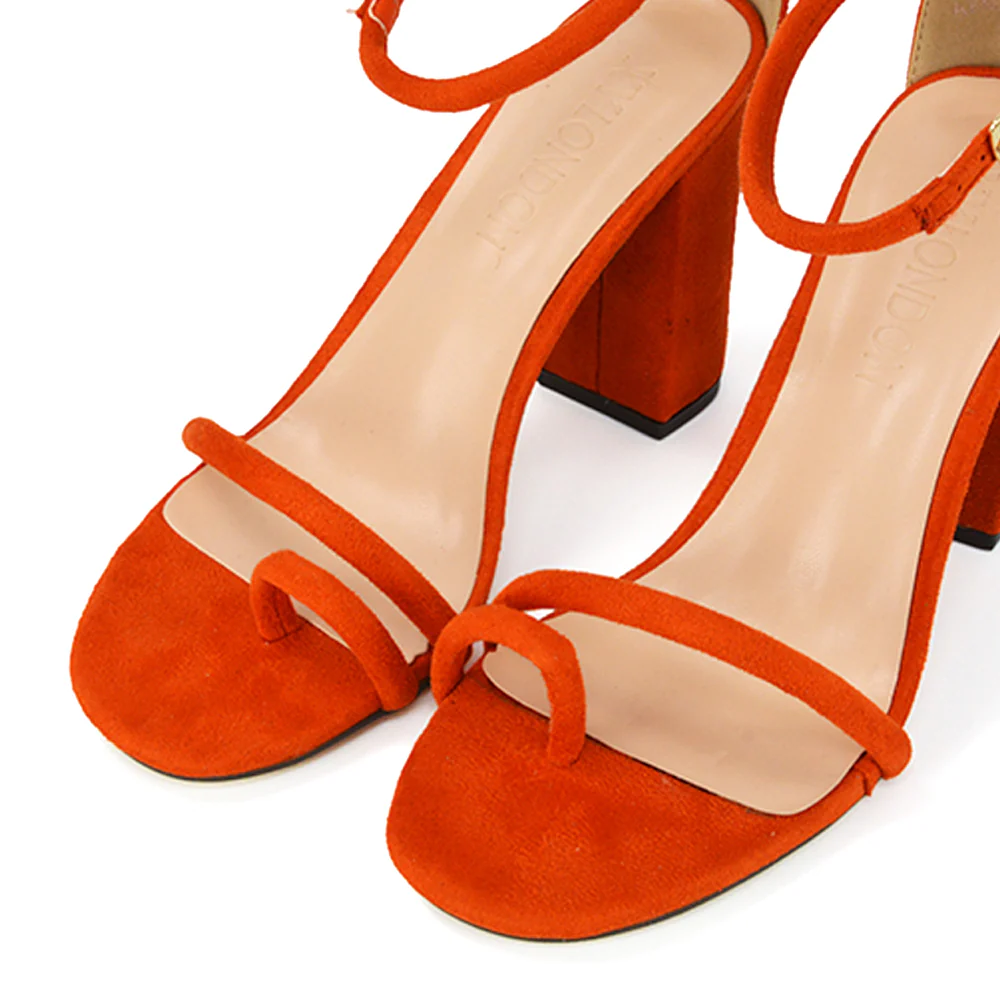 Liana Toe Loop Strappy Chunky Block High Heeled Sandals in Orange Faux Suede - Image 45