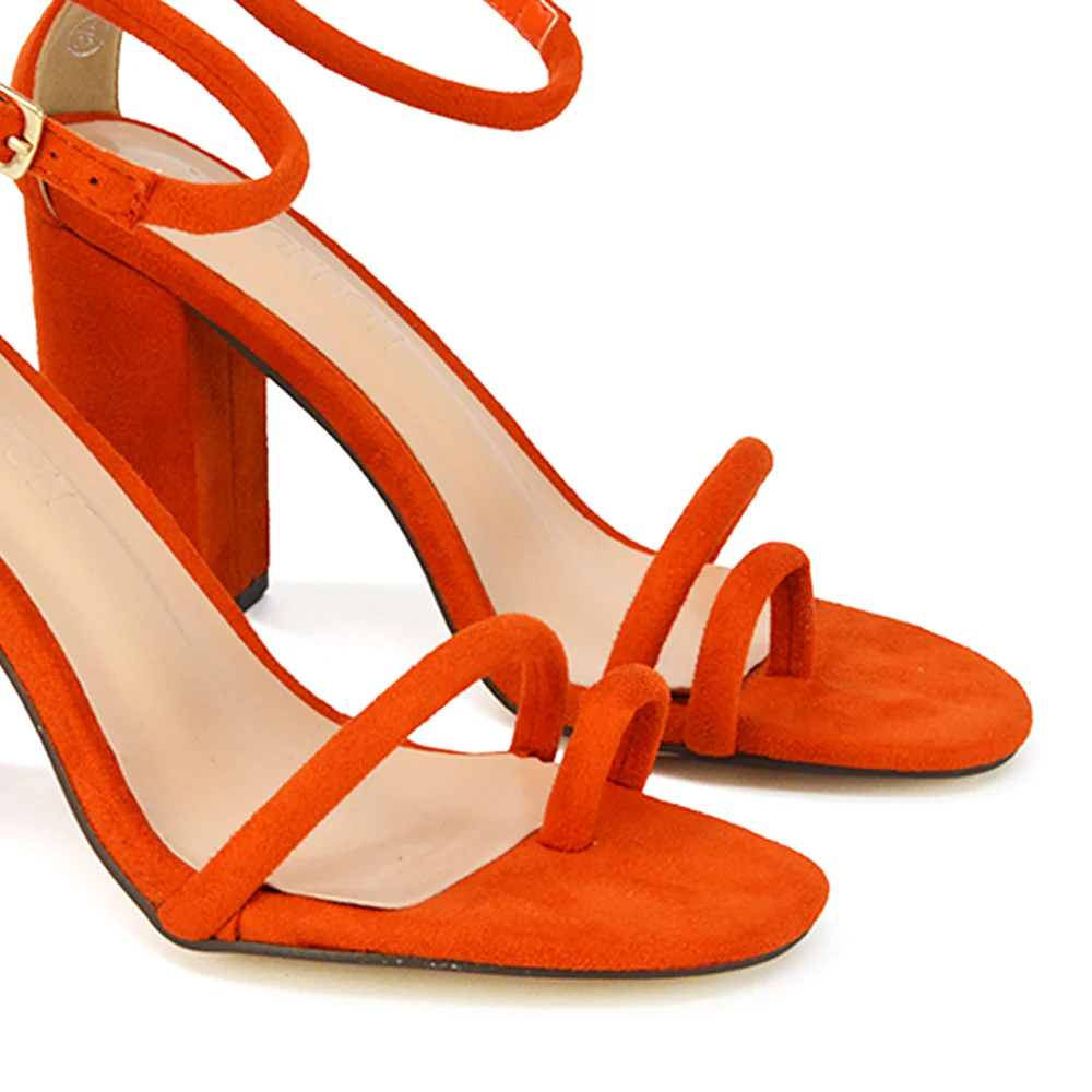 Liana Toe Loop Strappy Chunky Block High Heeled Sandals in Orange Faux Suede - Image 47