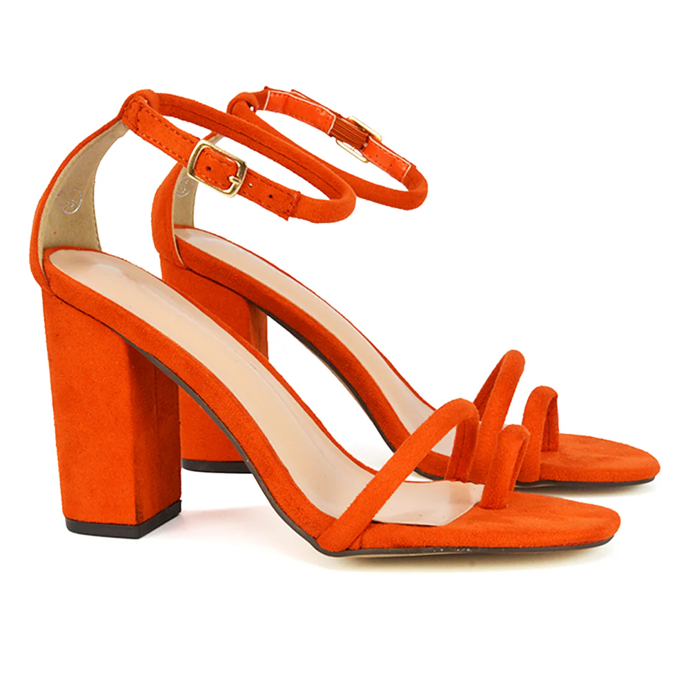Liana Toe Loop Strappy Chunky Block High Heeled Sandals in Orange Faux Suede - Image 61