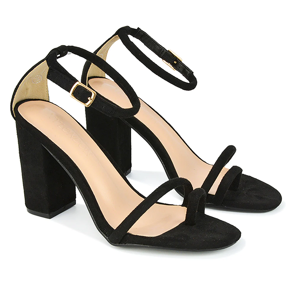 Liana Toe Loop Strappy Chunky Block High Heeled Sandals in Orange Faux Suede - Image 99