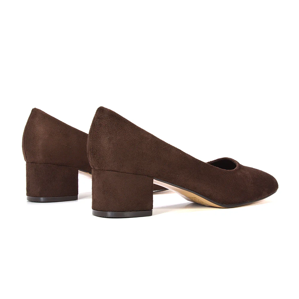 Liberty Low Block Heel Round Toe Slip On Classic Court Shoes in Black Synthetic Leather - Image 36