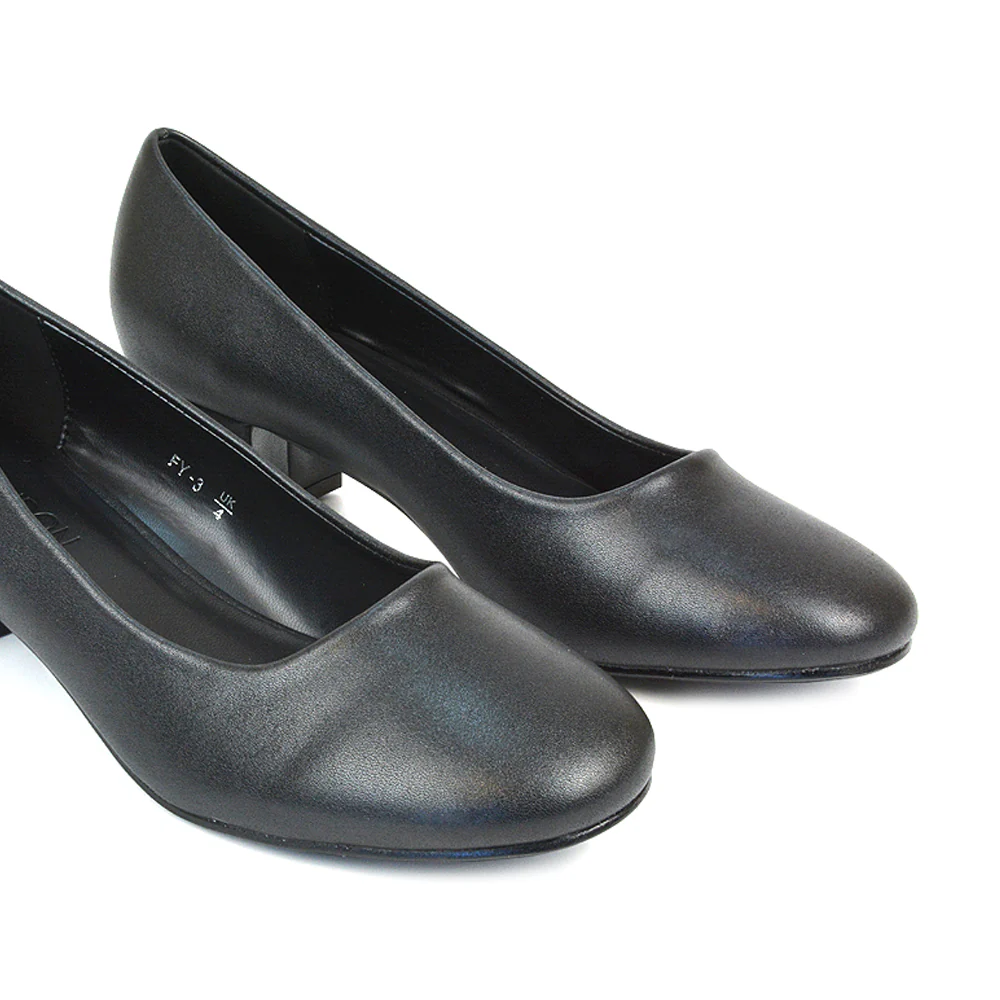 Liberty Low Block Heel Round Toe Slip On Classic Court Shoes in Black Synthetic Leather - Image 4