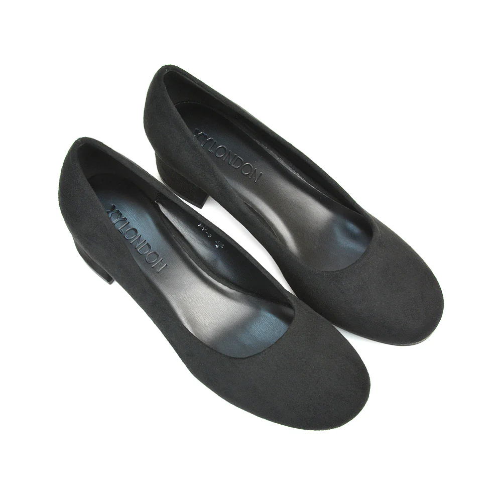 Liberty Low Block Heel Round Toe Slip On Classic Court Shoes in Black Synthetic Leather - Image 12
