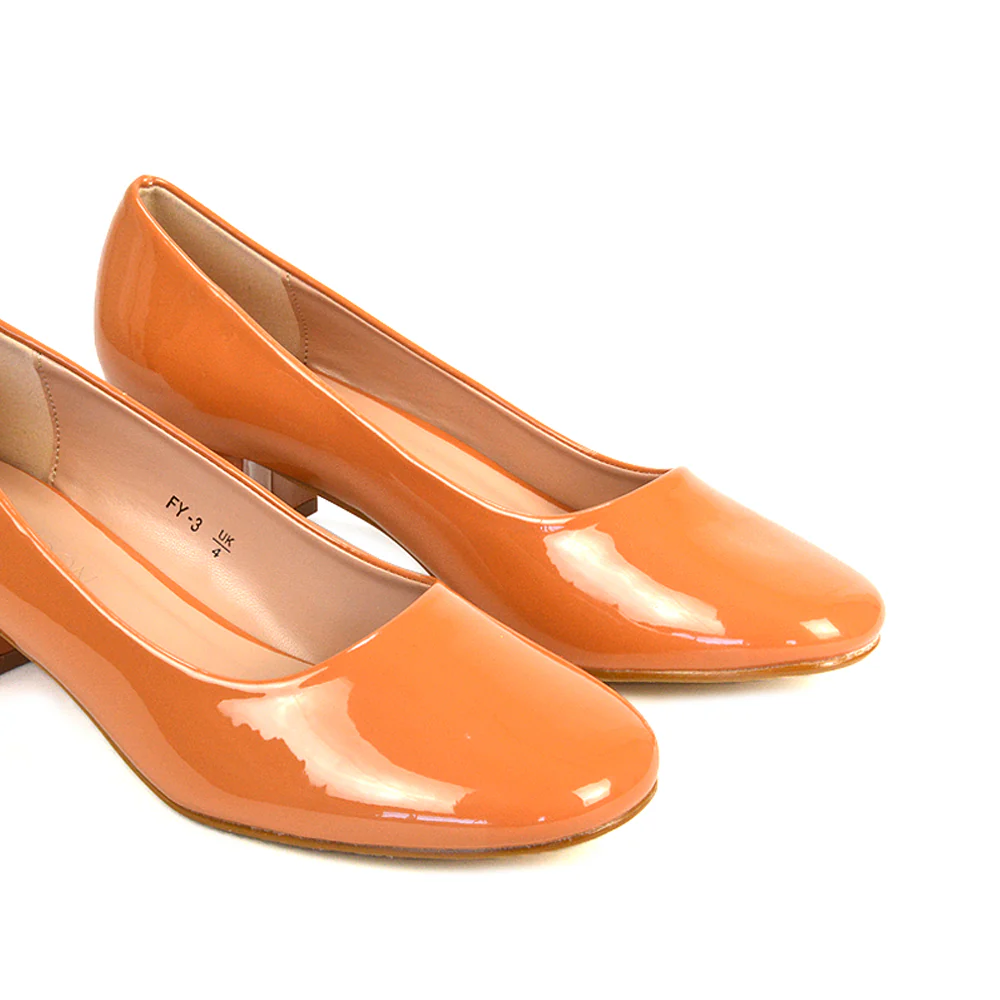 Liberty Low Block Heel Round Toe Slip On Classic Court Shoes in Black Synthetic Leather - Image 16