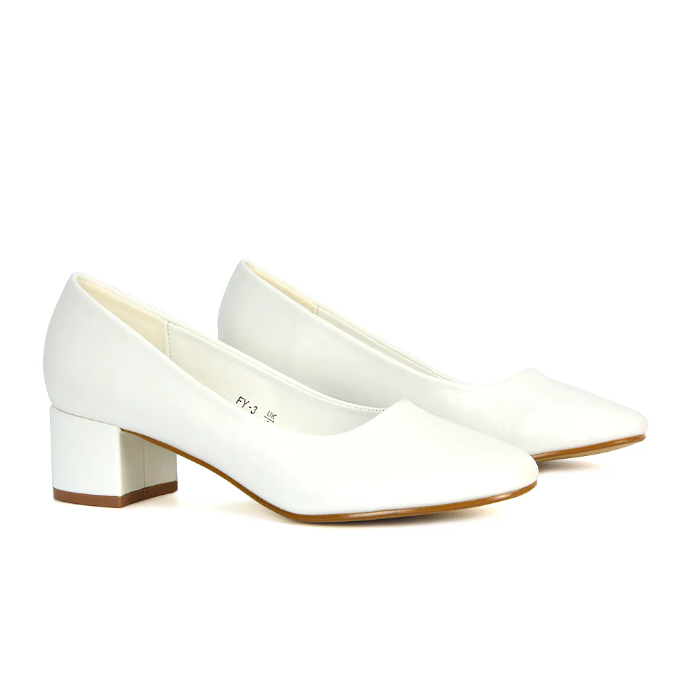 Liberty Low Block Heel Round Toe Slip On Classic Court Shoes in Black Synthetic Leather - Image 25