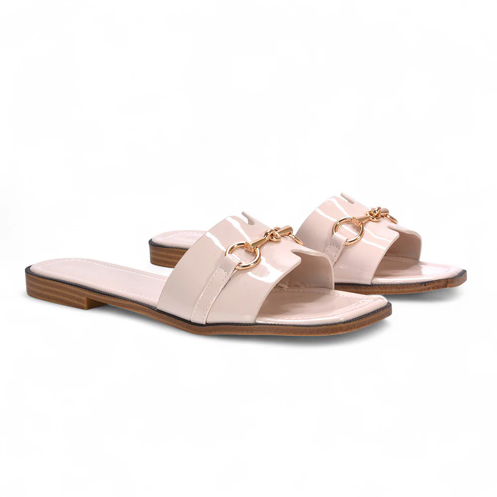 Lila Summer Flat Slide Sandals with Square Toe & Gold Detail in Black Synthetic Leather - Image 11