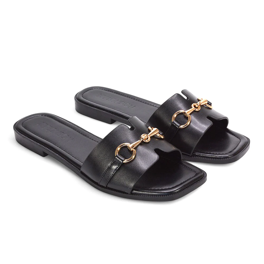 Lila Summer Flat Slide Sandals with Square Toe & Gold Detail in Black Synthetic Leather - Image 4