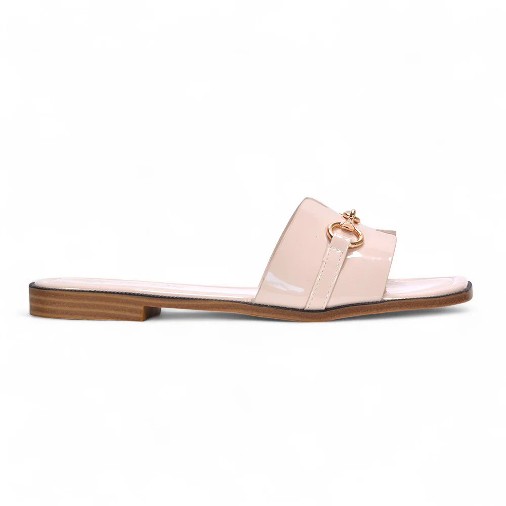 Lila Summer Flat Slide Sandals with Square Toe & Gold Detail in Black Synthetic Leather - Image 12