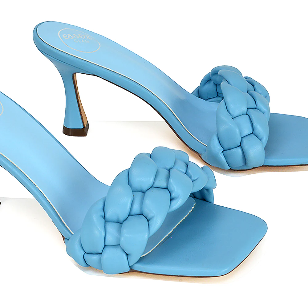 Lilah Woven Strap Square Toe Stiletto mid High Heel Mule Slip on Sandals in Blue - Image 9