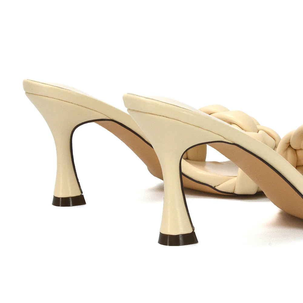 Lilah Woven Strap Square Toe Stiletto mid High Heel Mule Slip on Sandals in Nude - Image 112