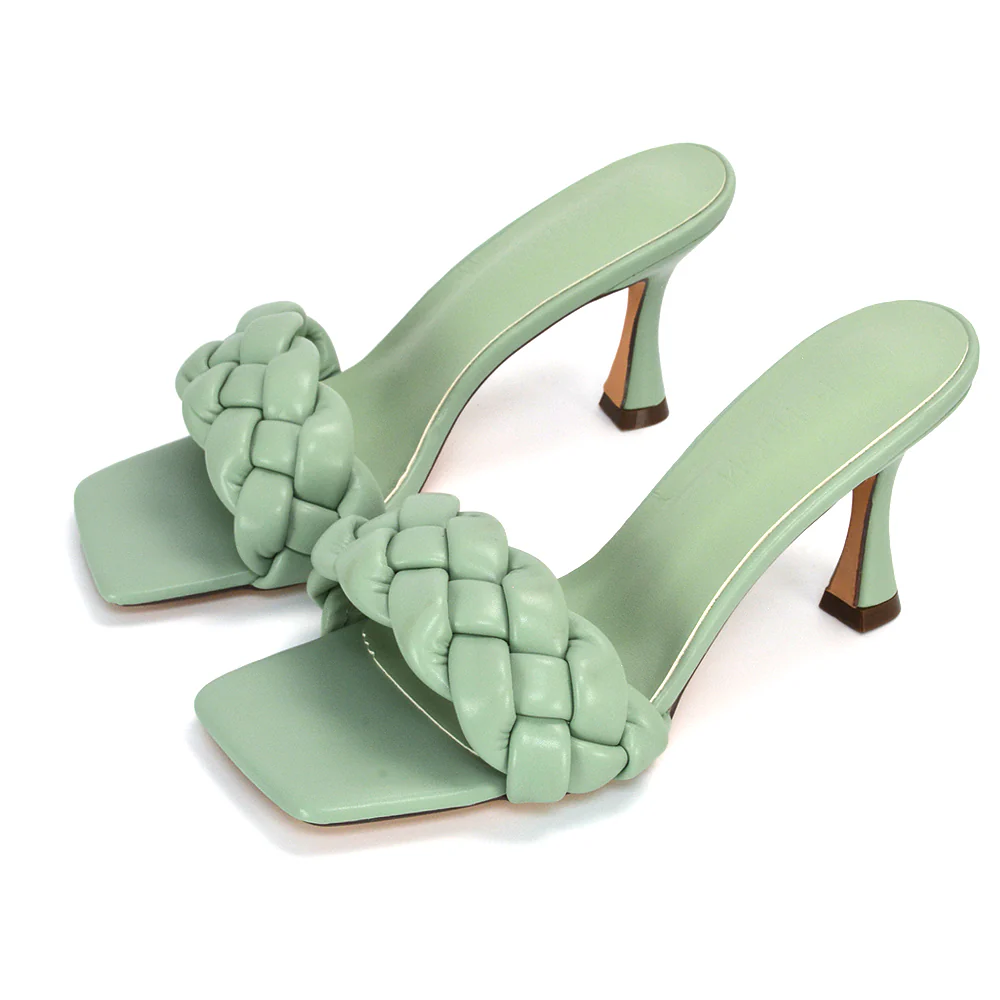 Lilah Woven Strap Square Toe Stiletto mid High Heel Mule Slip on Sandals in Nude - Image 20