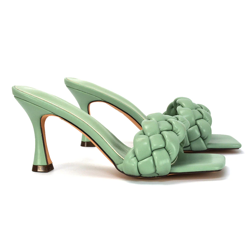 Lilah Woven Strap Square Toe Stiletto mid High Heel Mule Slip on Sandals in Nude - Image 21