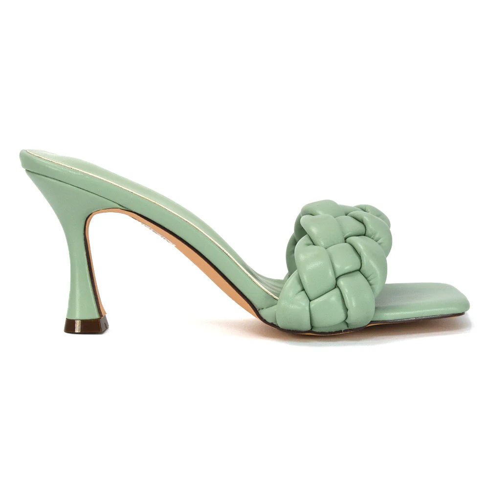 Lilah Woven Strap Square Toe Stiletto mid High Heel Mule Slip on Sandals in Nude - Image 28