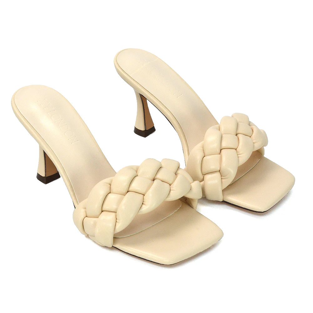 Lilah Woven Strap Square Toe Stiletto mid High Heel Mule Slip on Sandals in Nude - Image 4