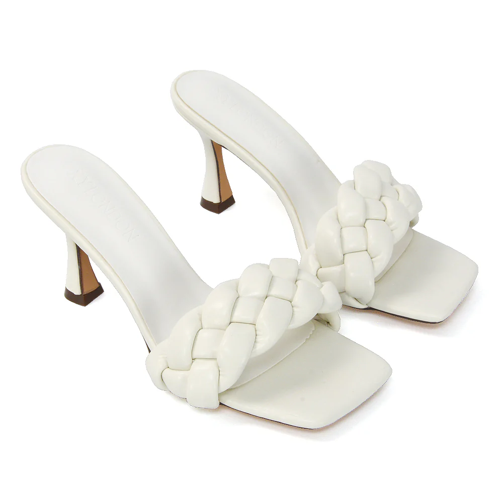 Lilah Woven Strap Square Toe Stiletto mid High Heel Mule Slip on Sandals in Nude - Image 59