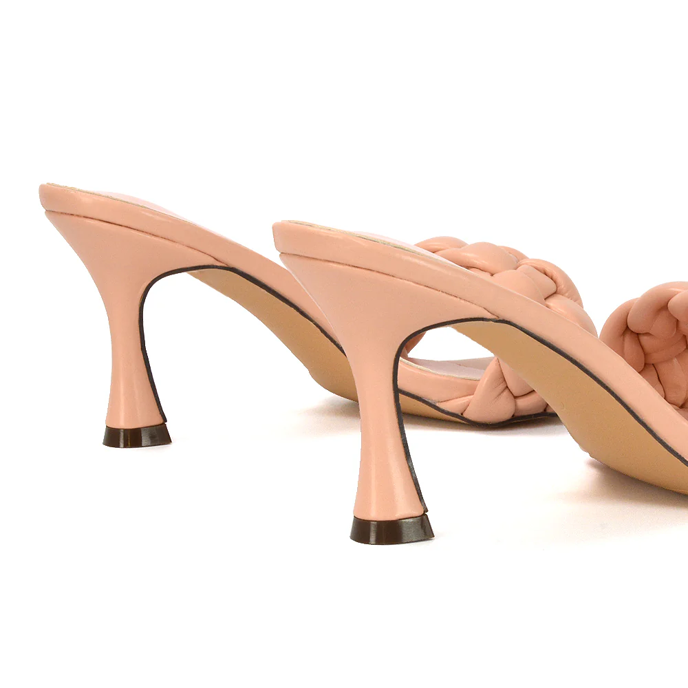 Lilah Woven Strap Square Toe Stiletto mid High Heel Mule Slip on Sandals in Nude - Image 72