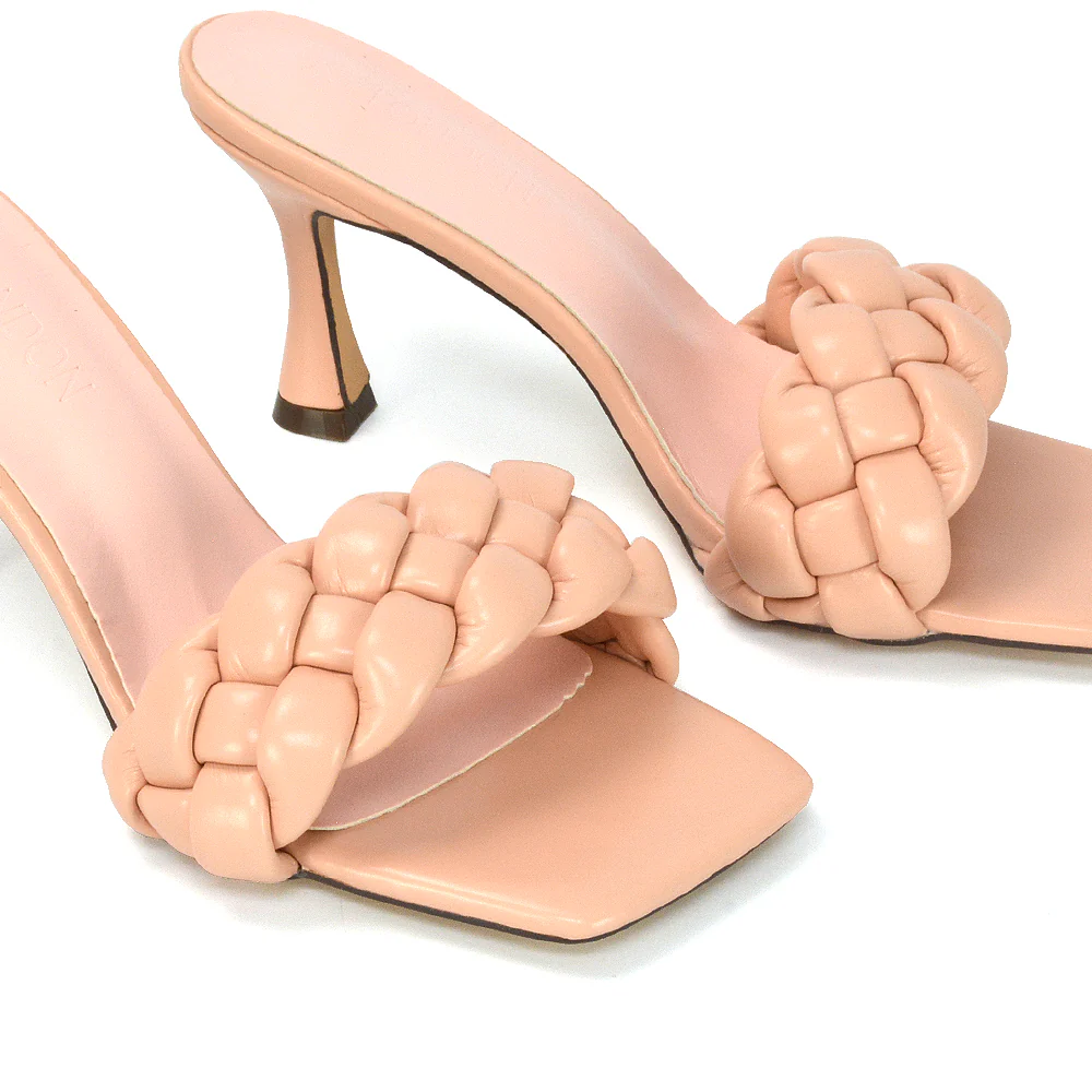 Lilah Woven Strap Square Toe Stiletto mid High Heel Mule Slip on Sandals in Nude - Image 85