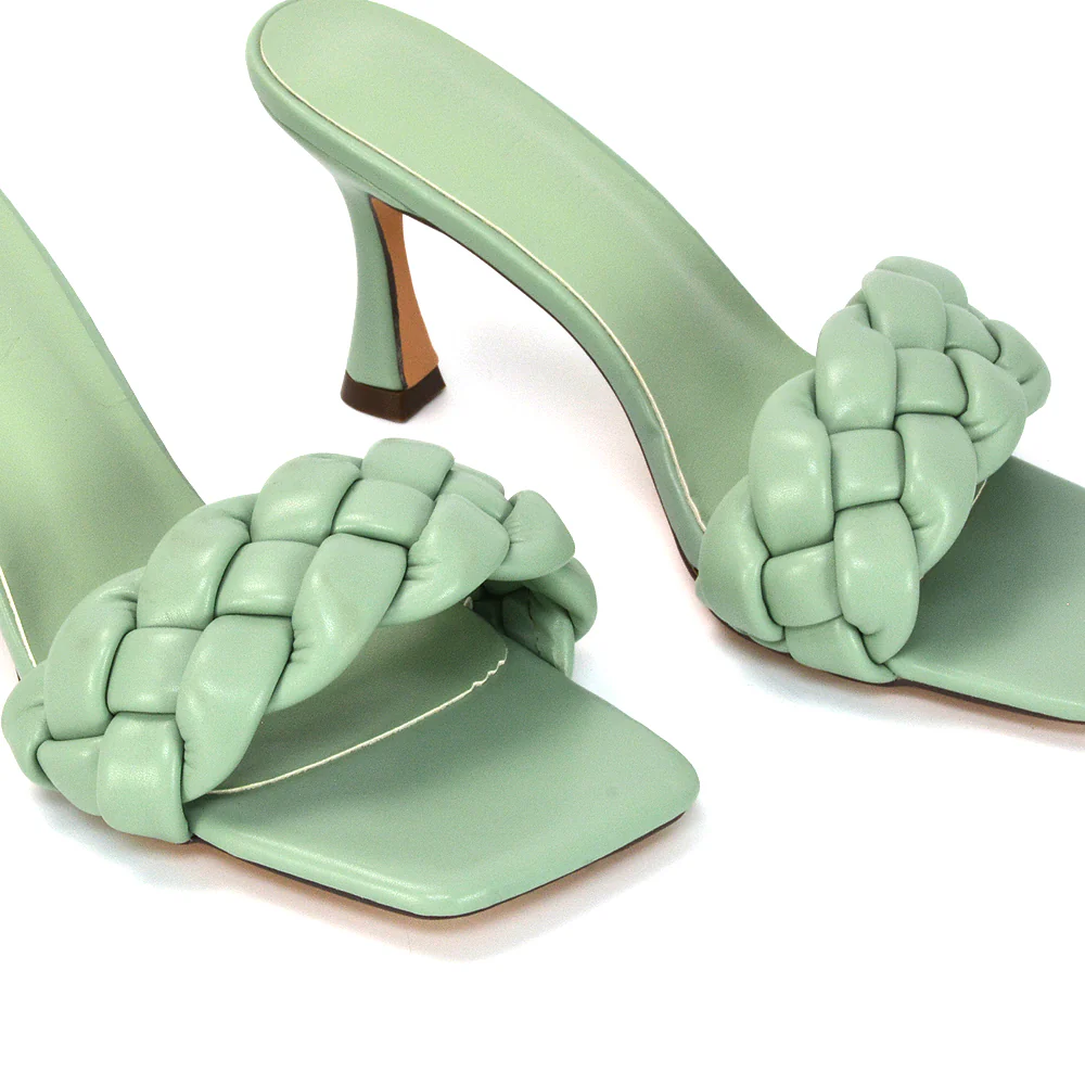 Lilah Woven Strap Square Toe Stiletto mid High Heel Mule Slip on Sandals in White - Image 29