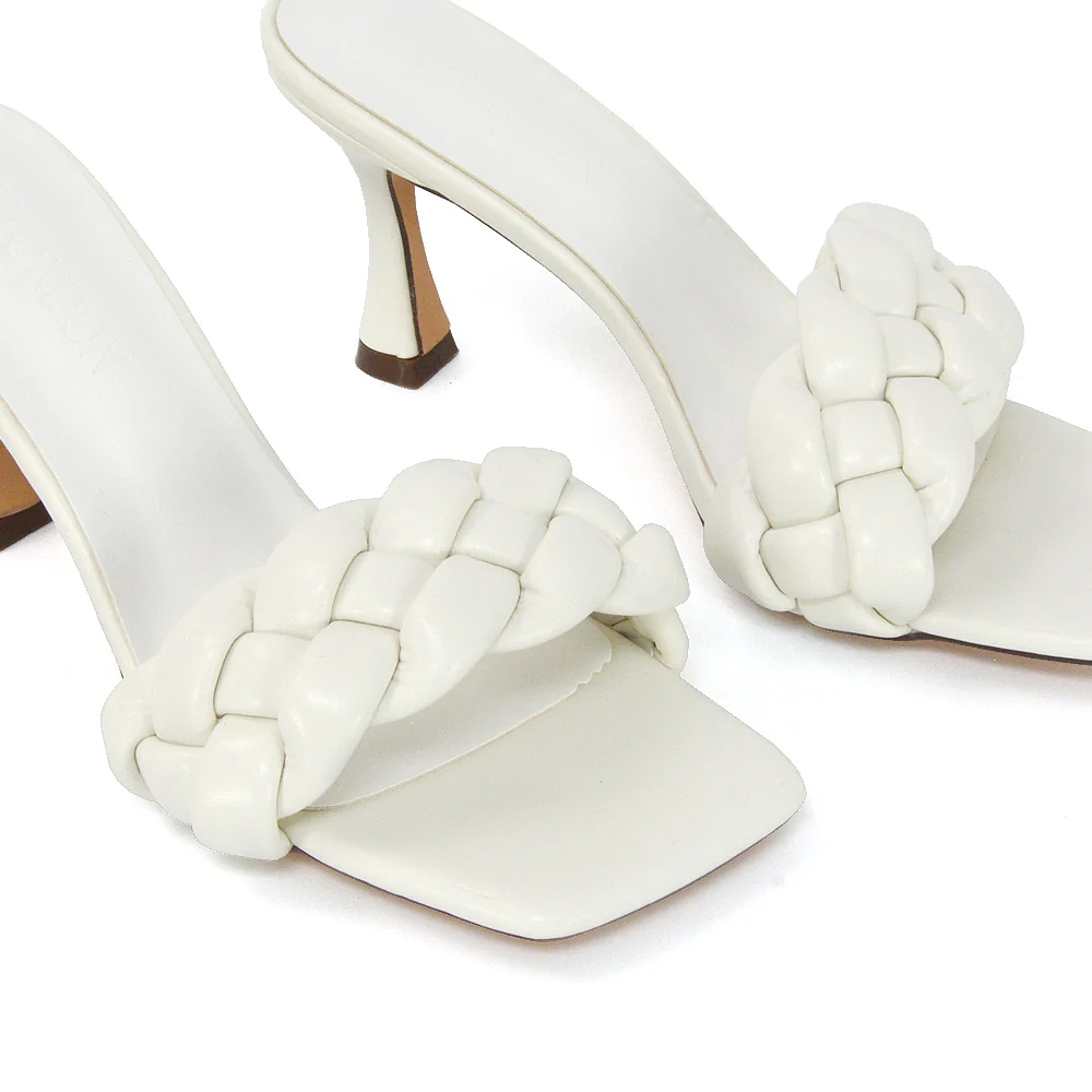 Lilah Woven Strap Square Toe Stiletto mid High Heel Mule Slip on Sandals in White - Image 5