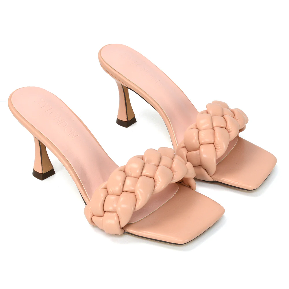 Lilah Woven Strap Square Toe Stiletto mid High Heel Mule Slip on Sandals in White - Image 79