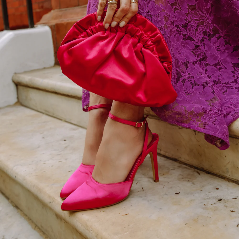 Liliane Pointed Toe Satin Court Heel Stiletto Bridal Shoes in Hot Pink - Image 6