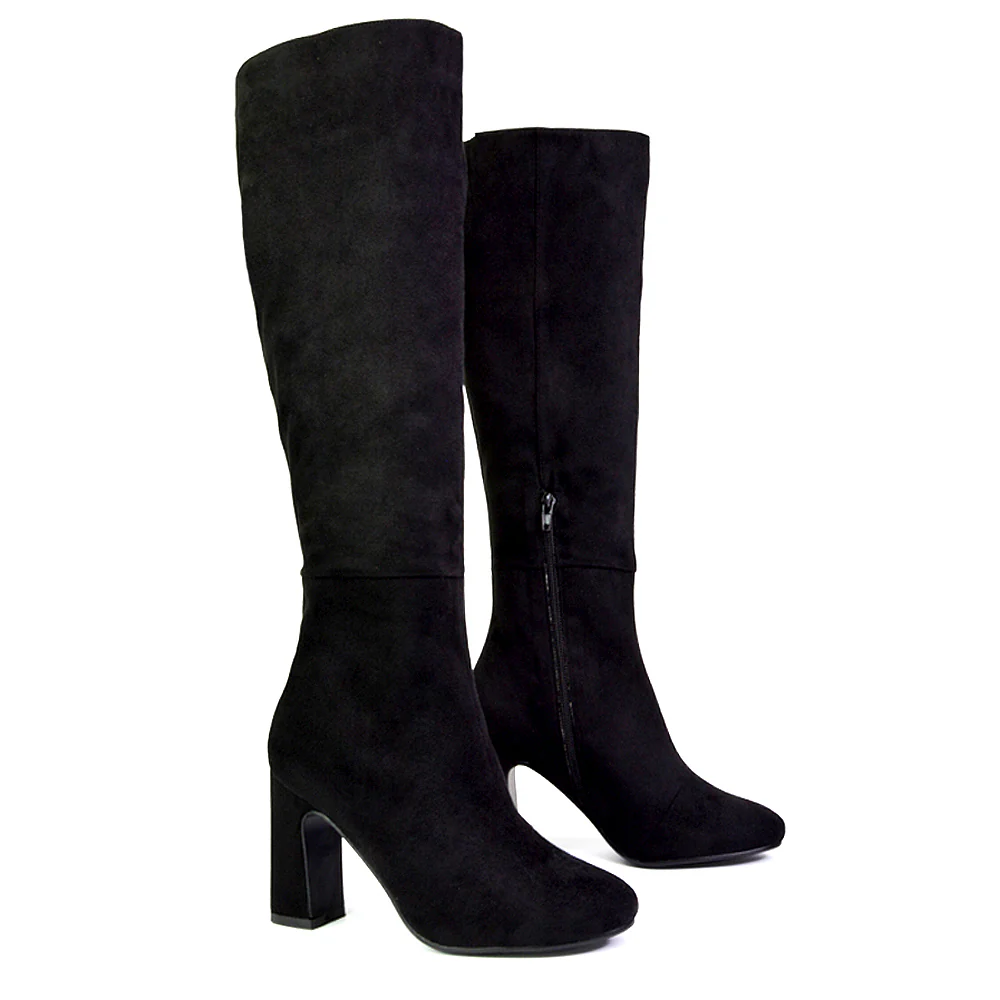 Lillia Winter Zip-up Long Block High Heel Knee High Boots in Black Faux Suede - Image 3
