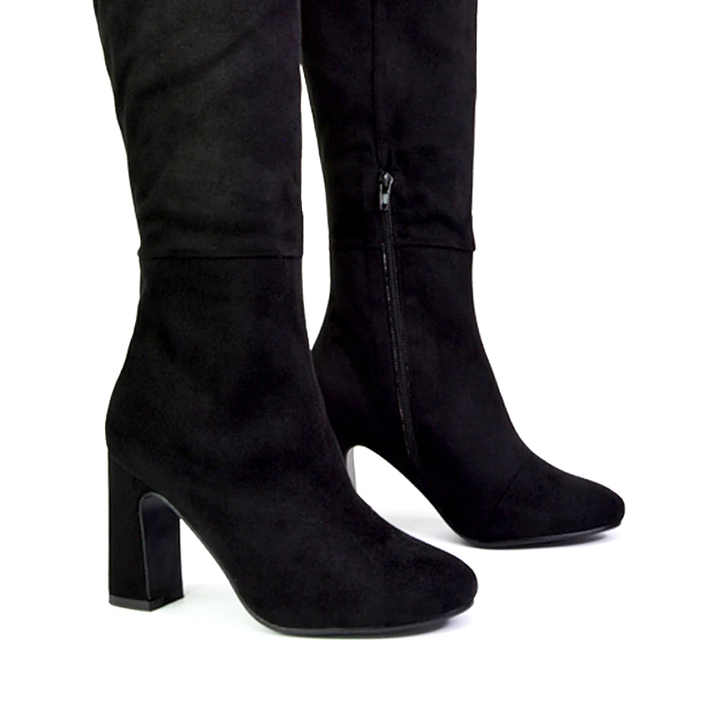 Lillia Winter Zip-up Long Block High Heel Knee High Boots in Black Faux Suede - Image 4