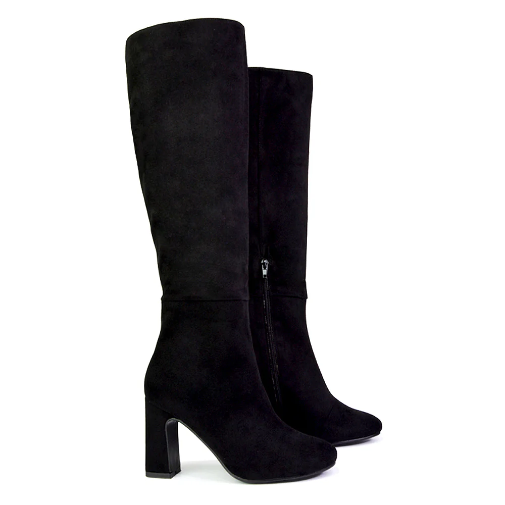 Lillia Winter Zip-up Long Block High Heel Knee High Boots in Black Faux Suede - Image 5